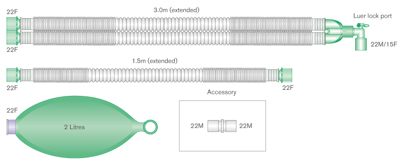 22mm Compact™ breathing system with 2 L bag, luer elbow, and limb, ≥ 3.0m