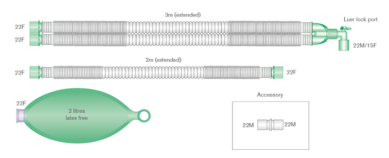 22mm Compact™ breathing system with 2 L bag and limb, ≥ 3.0m