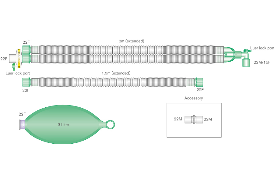 22mm Compact™ breathing system with 3 L bag, luer elbow, filter and limb, ≥ 2.0m